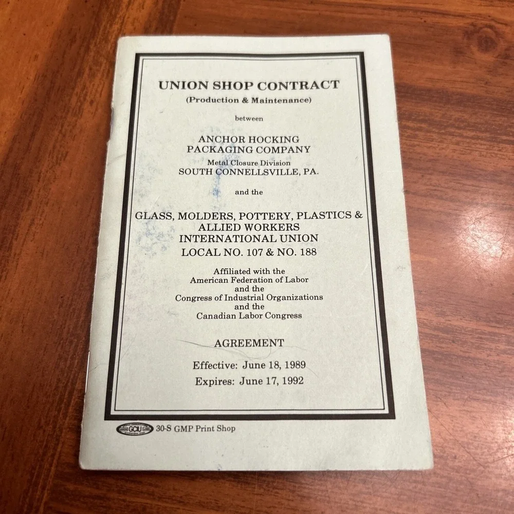Union Shop Contract Anchor Hocking Co‎ Booklet Handbook 89' 92'
